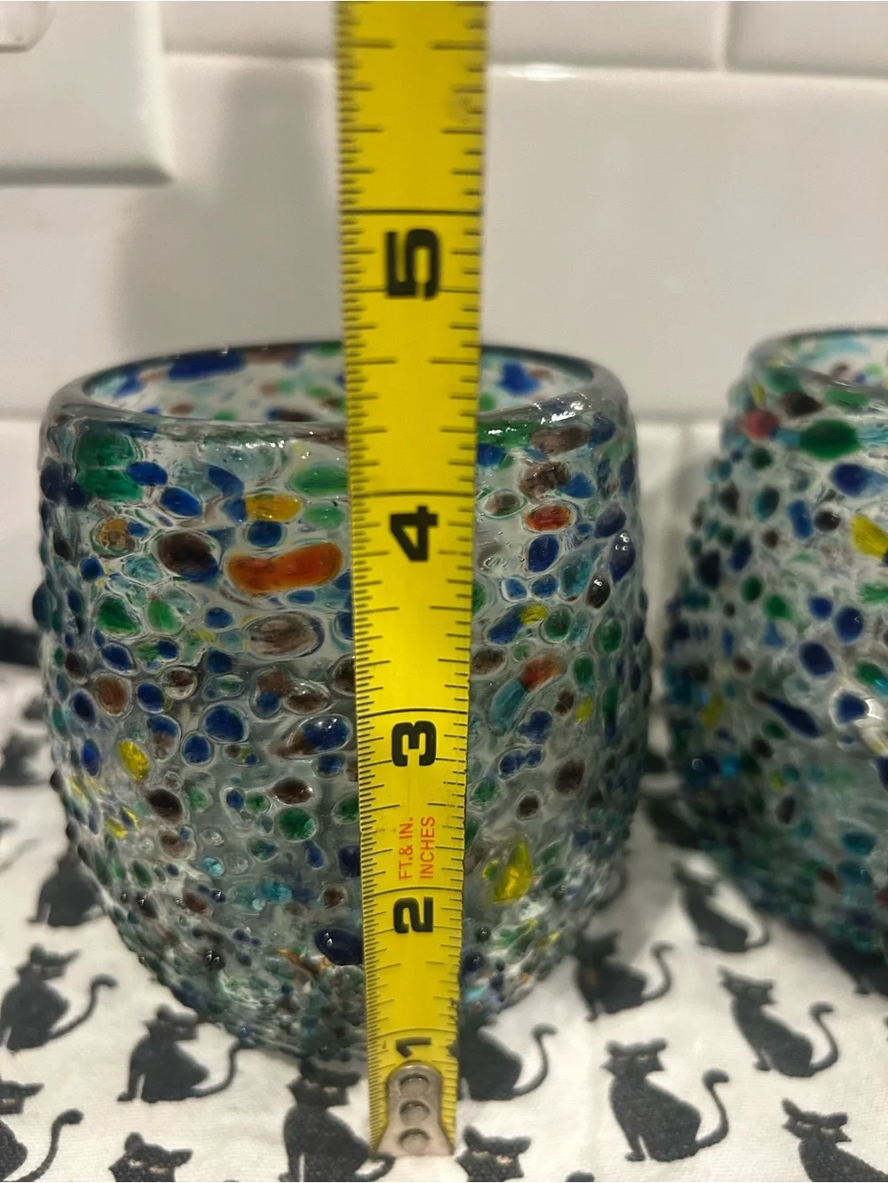 Confetti pebbled Mexican glass stemless wine glasses.